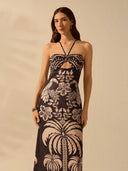 Vestido largo con estampado tropical con cuello de lazo hueco - ArmasStyle
