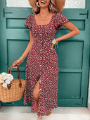 Vestido largo de mujer versatil estampado manga con fruncido - ArmasStyle