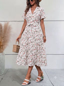 Vestido largo estampado floreado manga corta con cinturon - ArmasStyle