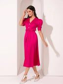 Vestido largo largo satinado manga bombacha (Sin cinturon) - ArmasStyle