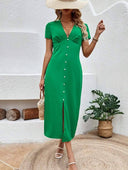 Vestido largo manga corta con botones - ArmasStyle