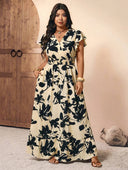 Vestido maxi elegante de mujer versatil estampado con manga de volado - ArmasStyle