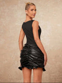Vestido mini ajustado de mujer de cuello barco con parche de piel sintética - ArmasStyle